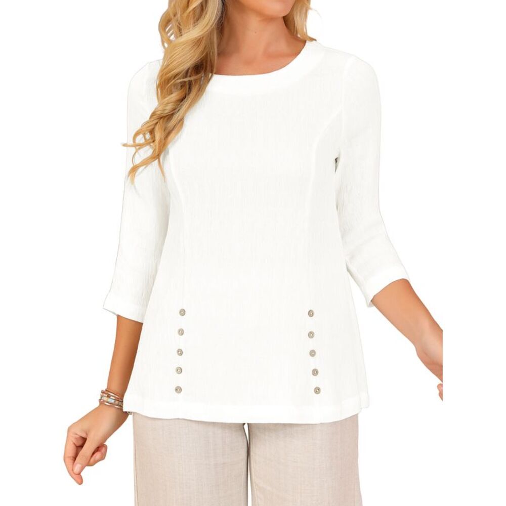Women Trendy Spring Fall 3/4 Sleeve  Crewneck Blouse White
